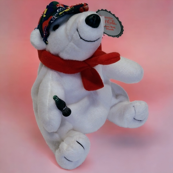 1998 Collectible Coca Cola Bean Bag Plush Polar Bear Checker Cap & Scarf 6". - Picture 13 of 14